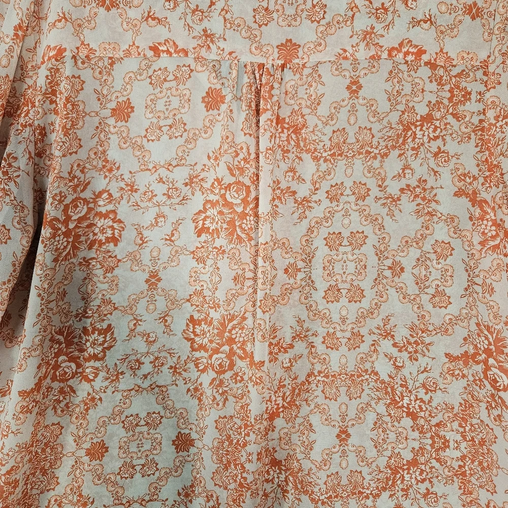 Umgee USA Large Popover Sheer Shirt Orange Floral Ruffle Sleeve Boho Cottagecore - Picture 11 of 11